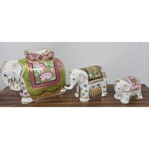 Vtg Royal Crown Derby Mother Infant Baby Indian Elephant Figurine Imari Gold Set